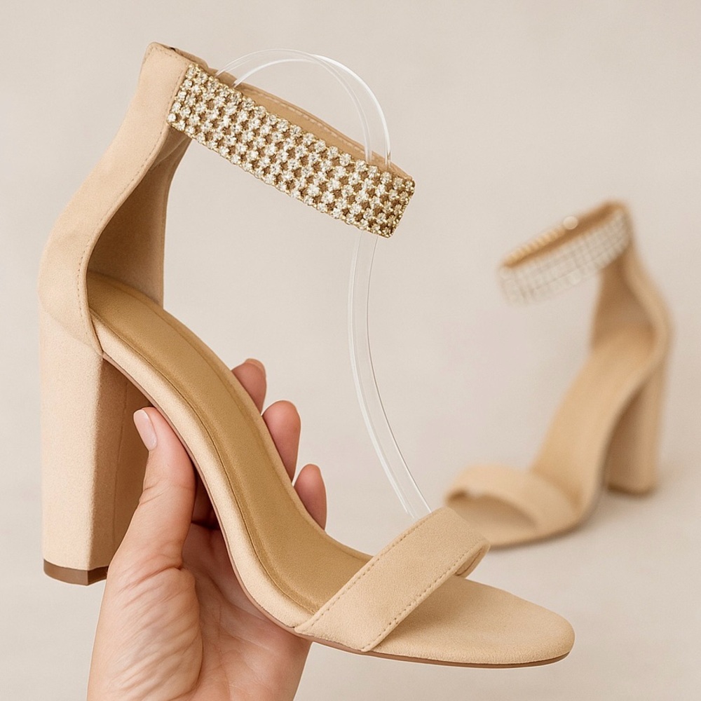 Liliana Champagne Nude Rhinestone Block Heel Sandals | Size 8 - Picture 2 of 11